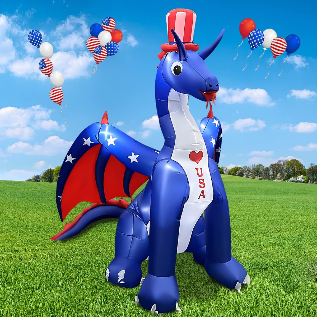 BLOWOUT FUN 8 FT Independence Day Inflatable Dragon with America Style Decorations Patriotic 4th of July for Home Yard Lawn Garden Indoor Outdoor