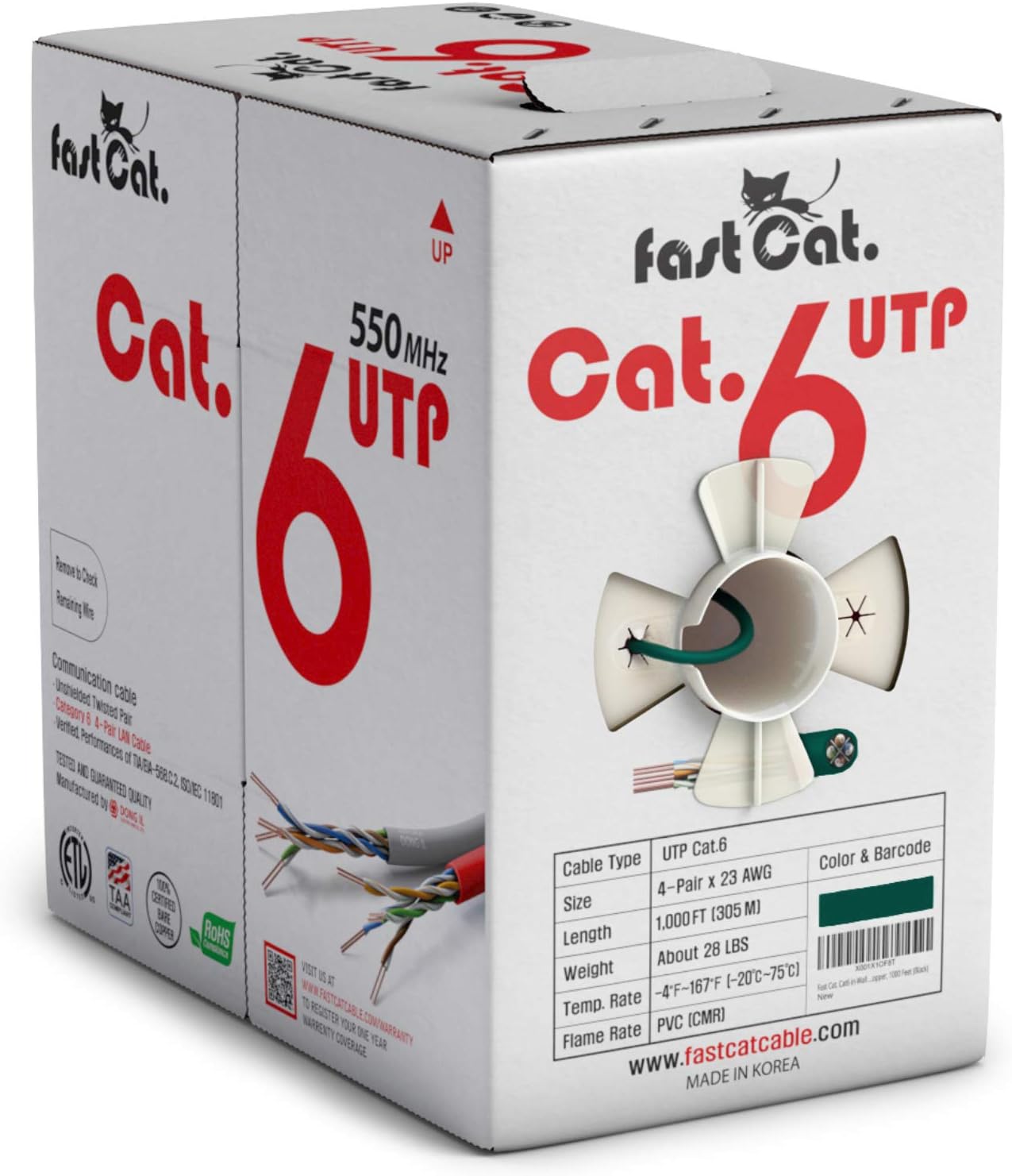 fast Cat. Cat6 Ethernet Cable 1000ft - 23 AWG, CMR, Insulated Solid Bare Copper Wire Internet Cable with Noise Reducing Cross Separator