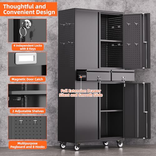 Aobabo 71" H×32" W×16" D Metal Storage Cabinet with Wheels, Garage Steel Storage Cabinet with 5 Adjustable Shelves and 4 Hooks for Home Office