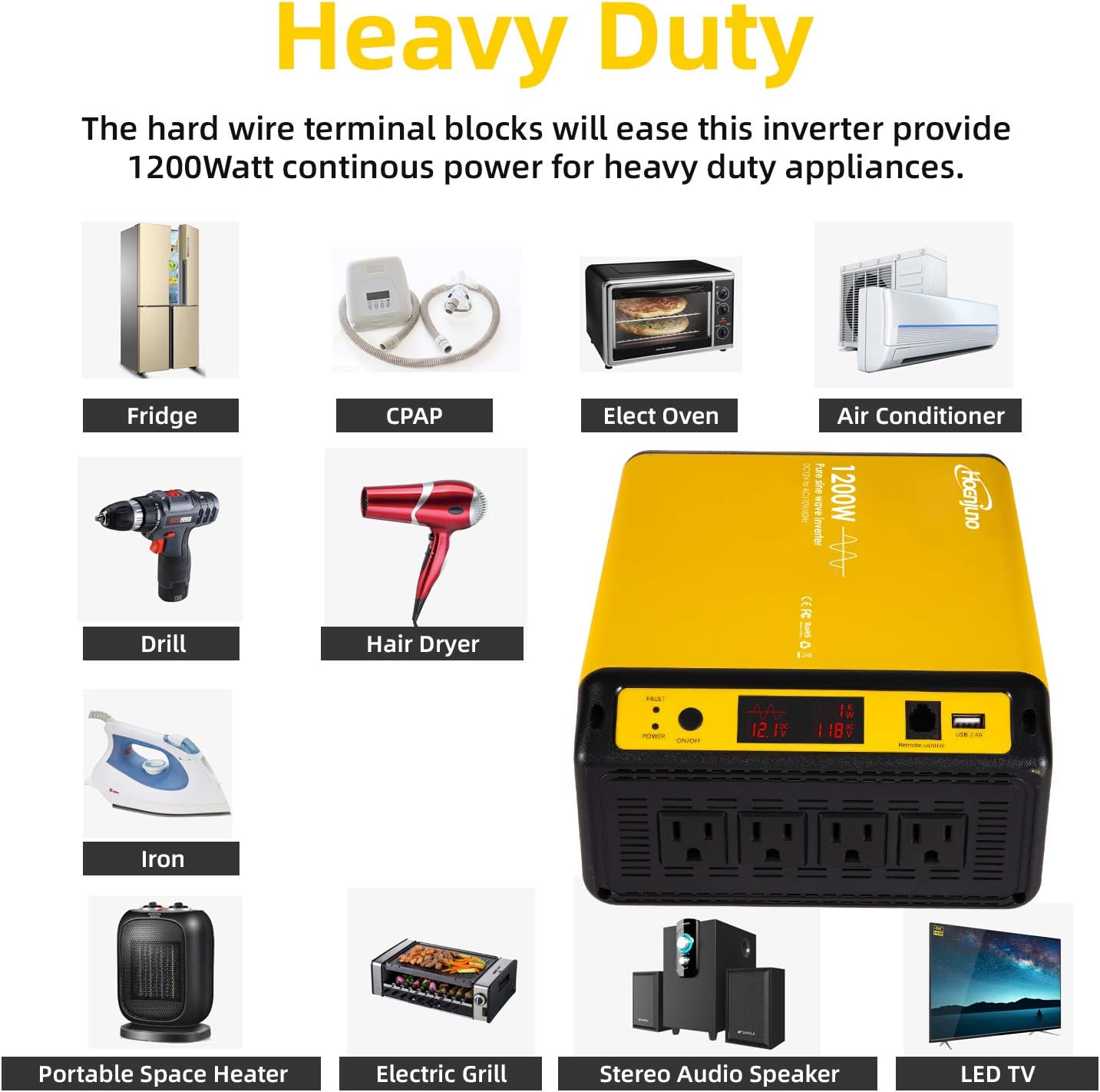 1200W Pure Sine Wave Inverter Power Converter DC 12V to AC 110-120V Power Source with 15 Feet Remote Control Cable