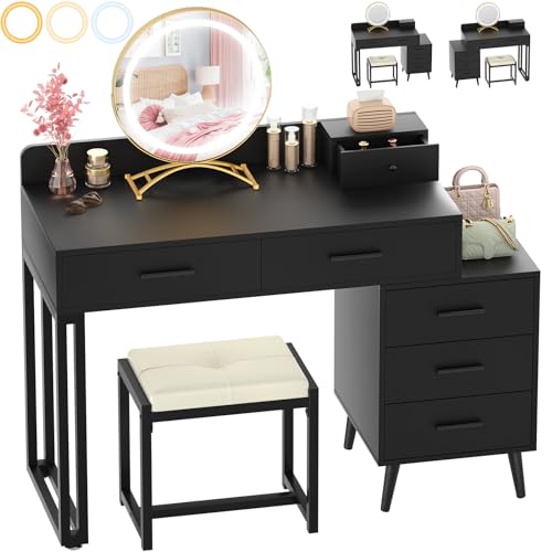 White Vanity Desk with Mirror and Lights, Modern Makeup Vanity Table Set with 6 Storage Drawers and Cushioned Stool for Bedroom