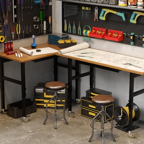 60” Heavy-Duty Solid Wood Work Bench Work Table with Wheels, Adjustable Height Portable Workbench with Power Outlets