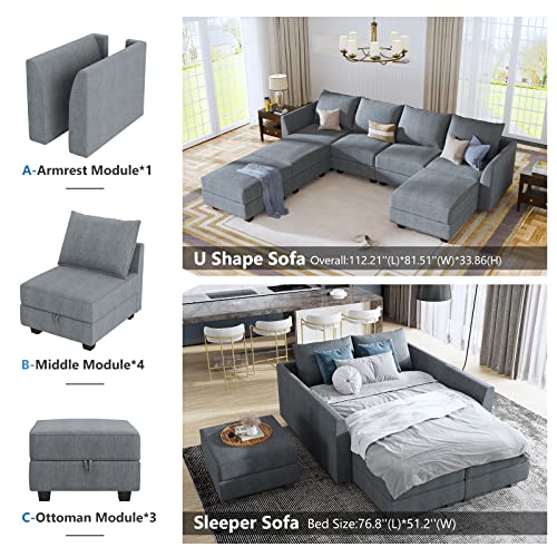 HONBAY Modular Sectional Sofa U Shaped Modular Couch Reversible Sofa Sectional Couch with Storage Seat, Bluish Grey