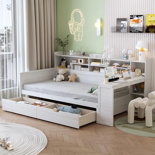 Corner Twin Bed Frame with Bookcase Storage and Desk, Wood Day Beds with 2 Drawers, Twin Size Daybed with Storage for Living Room