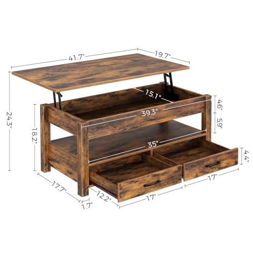 Rolanstar Coffee Table, Lift Top Coffee Table with Drawers and Hidden Compartment, Retro Central Table with Wooden Lift Tabletop, for Living Room