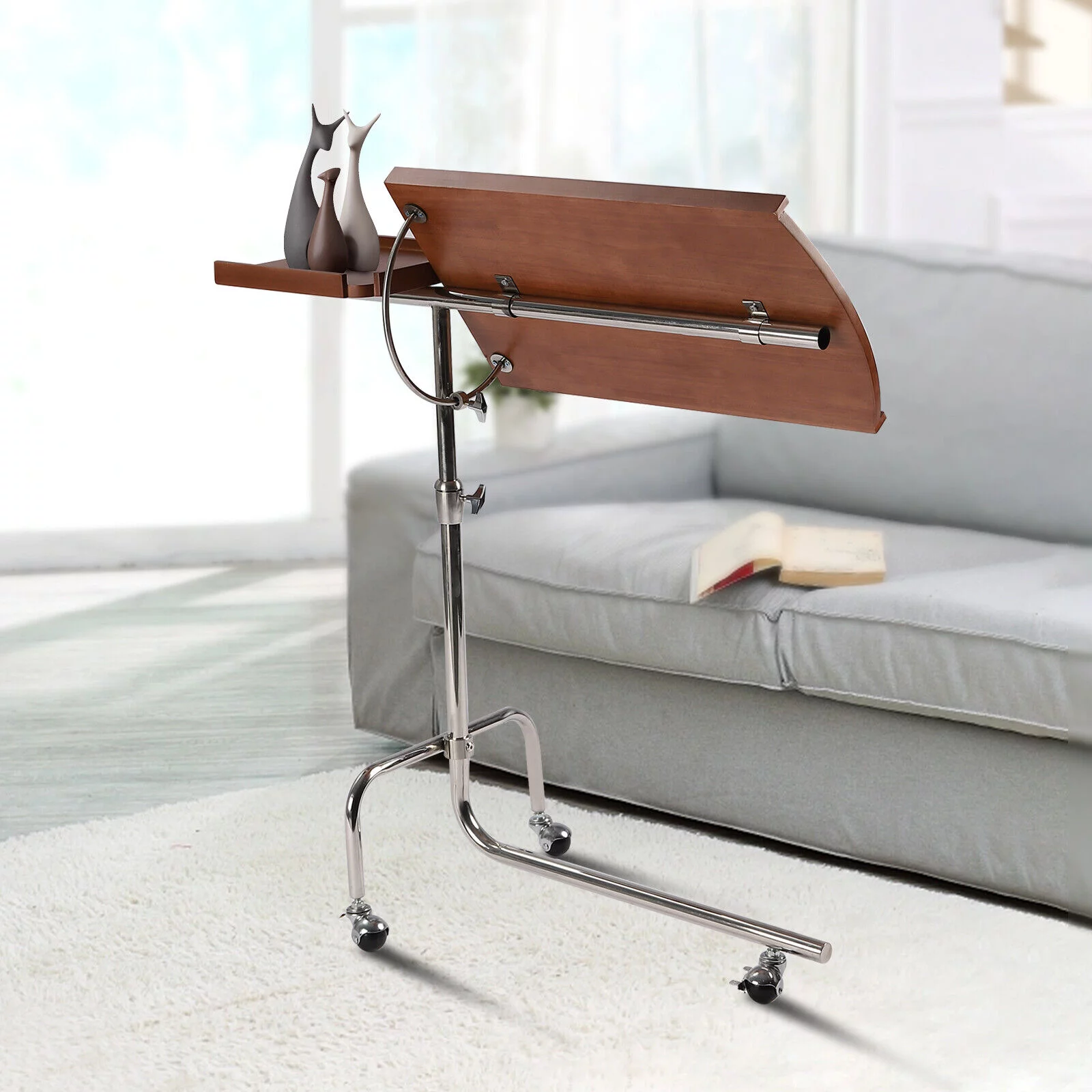 Miumaeov Swivel TV Tray Table C Shape Couch Sofa Table Tray Table Height & Tabletop Adjustable Solid Wood Oversized Table Laptop Desk End Table for