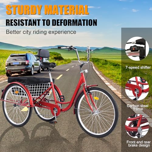 Adult Tricycles, 7 Speed Adult Trikes 24 inch 3 Wheel Bikes, Cruise Bike with Basket for Seniors, Women, Men for Recreation, Shopping, Exercise