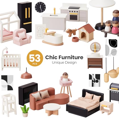 Tiny Land Doll House, Modern Family Dollhouse with Realistic Design, Wooden Dollhouse with 53Pcs Furniture - Ideal Gift for Kids Ages 3+