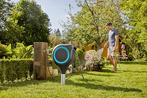 GARDENA (18604-80) 50' x 1/2" Automatic Retractable Garden Hose Reel for Outside Use on Metal Spike With Easy Swivel for Simple Watering of Gardens