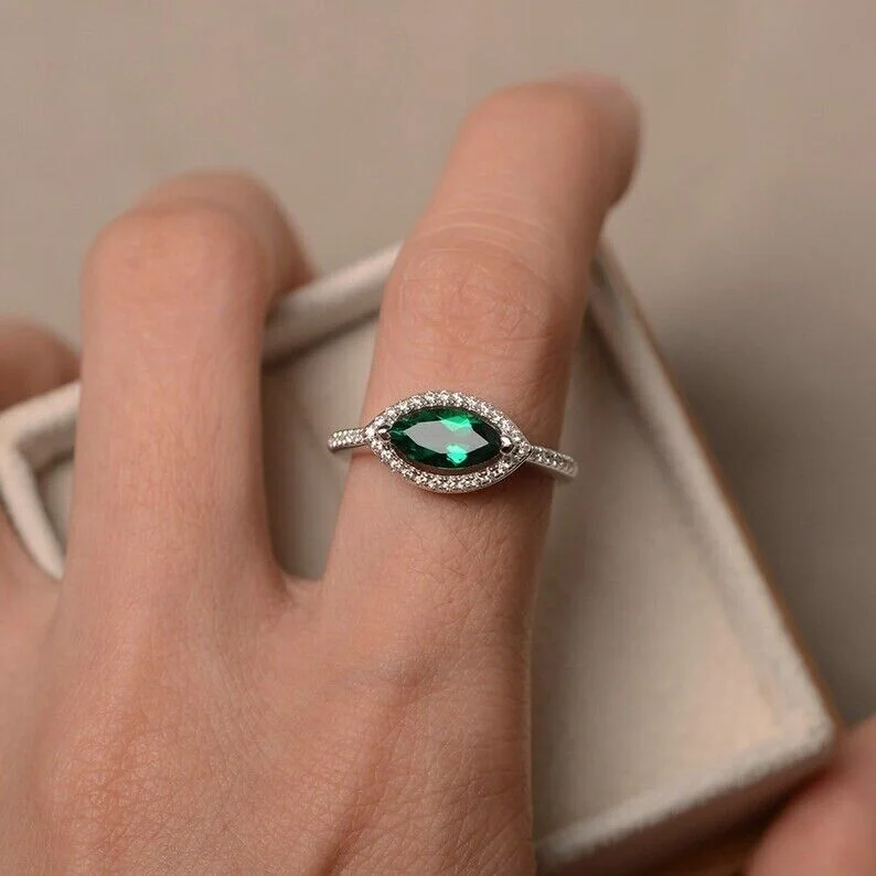 emerald ring, sterling silver, marquise cut ring, engagement ring, halo ring,
