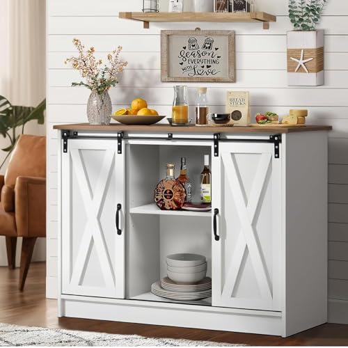 4 EVER WINNER Coffee Bar Cabinet with Sliding Barn Doors, 42” Sideboard Buffet Cabinet with Storage