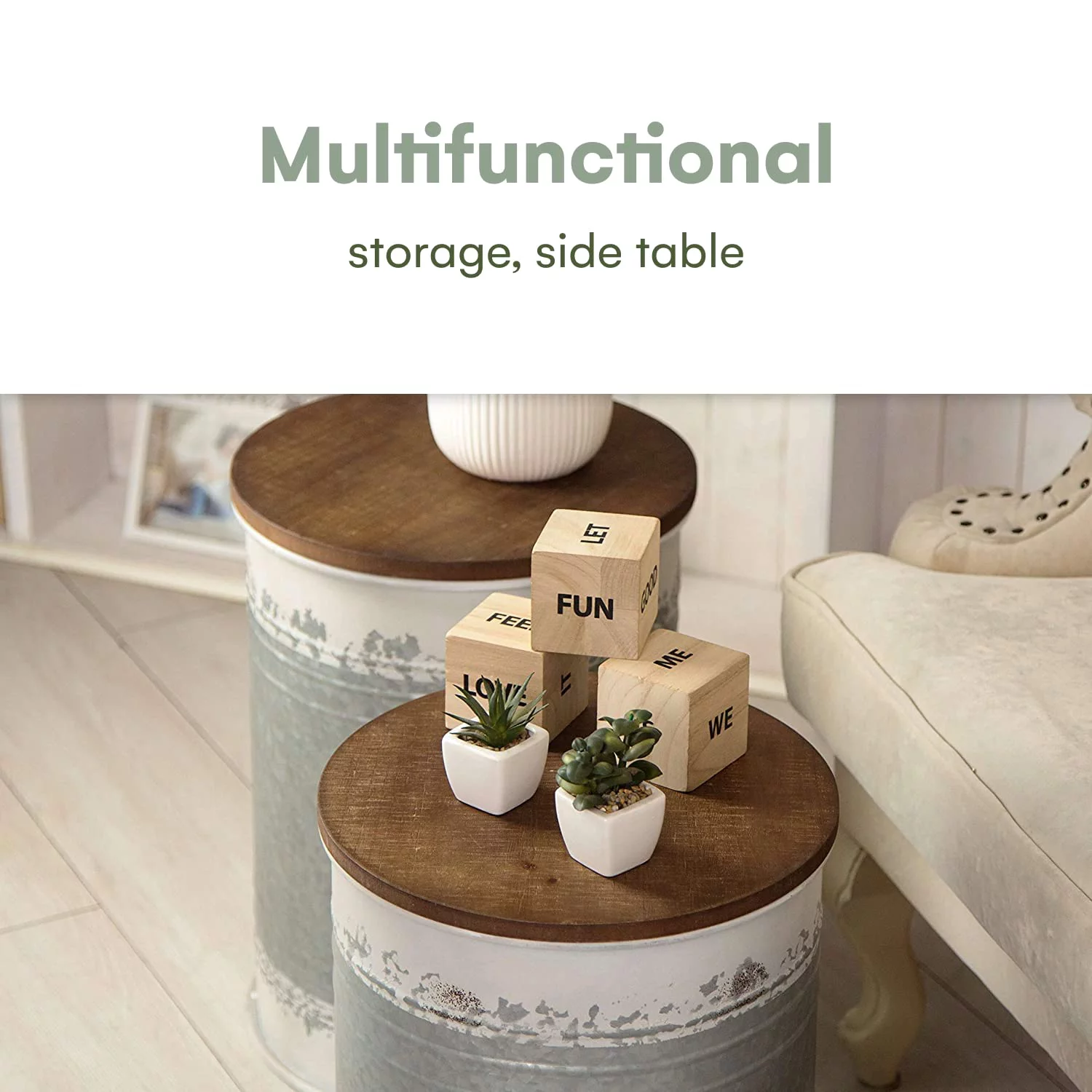 Hallops Farmhouse Accent Side Table - Set of 2 (Distressed White) | Accent Table, Living Room End Tables, End Table with Storage, Drink Table