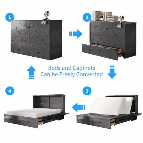 PUREMIND Queen Murphy Bed with Storage Drawers, Camas Con Colchon Incluido, Hideaway Chest Beds with Built-in Charging Station