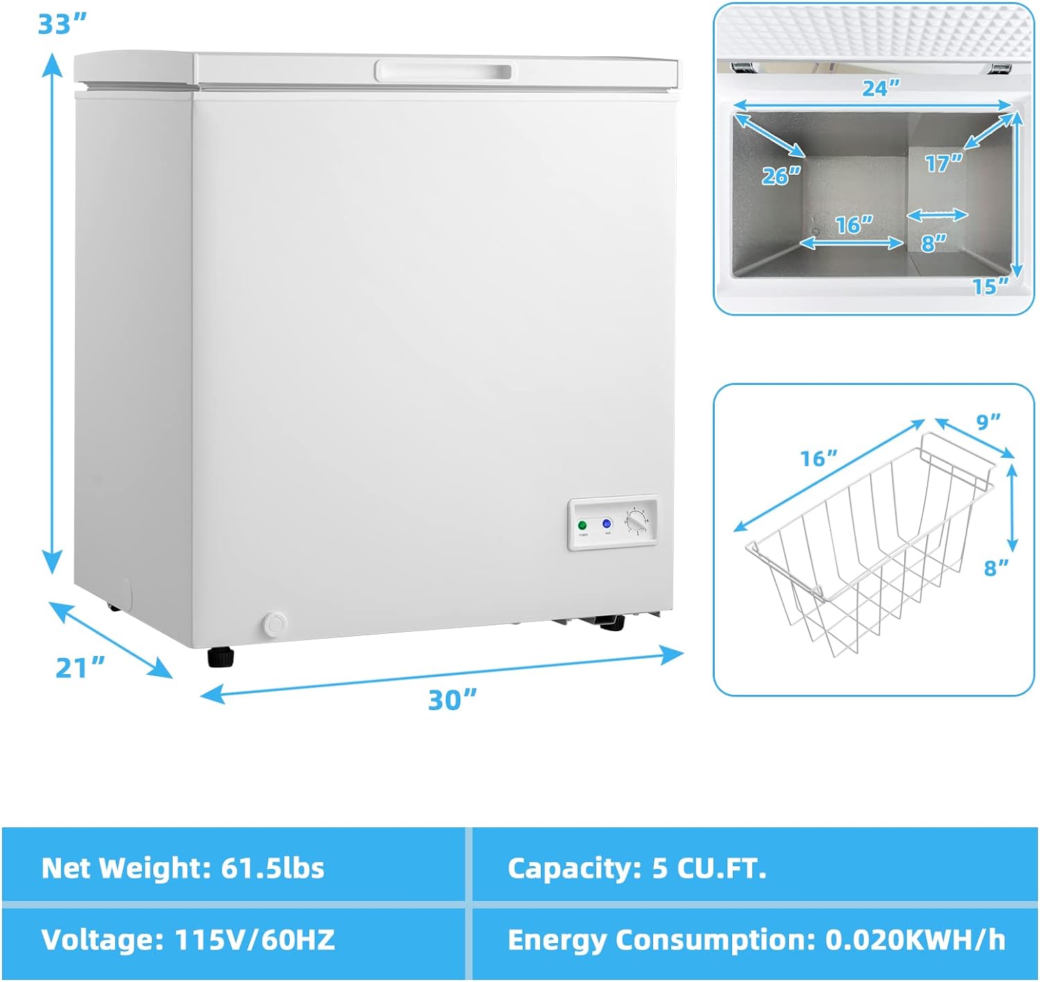 PETSITE 5 cu ft Chest Freezer, Compact Deep Freezer w/ 7-Grade Adjustable Temperature, Removable Storage Basket & 2 Wheels