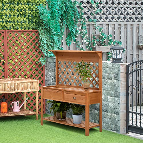 Outsunny Garden Potting Bench, Outdoor Wooden Workstation Table w/Metal Screen, Drawer, Hooks, Storage Shelf, and Lattice Back for Patio