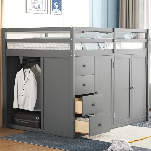 Full Size Loft Bed with Desk & Wardrobe, Solid Wood Kids Loft Bedframe w/3 Storage Drawers & 2 Shelves, Maximum Space Design, for Bedroom, Dorm, Gray