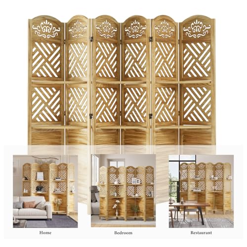 Room Divider with Shelves, 5.75ft Tall Folding Wood Carved Screen with Double Hinges for Home Office Bedroom Hotel Decoration (6 Panels, Natural)