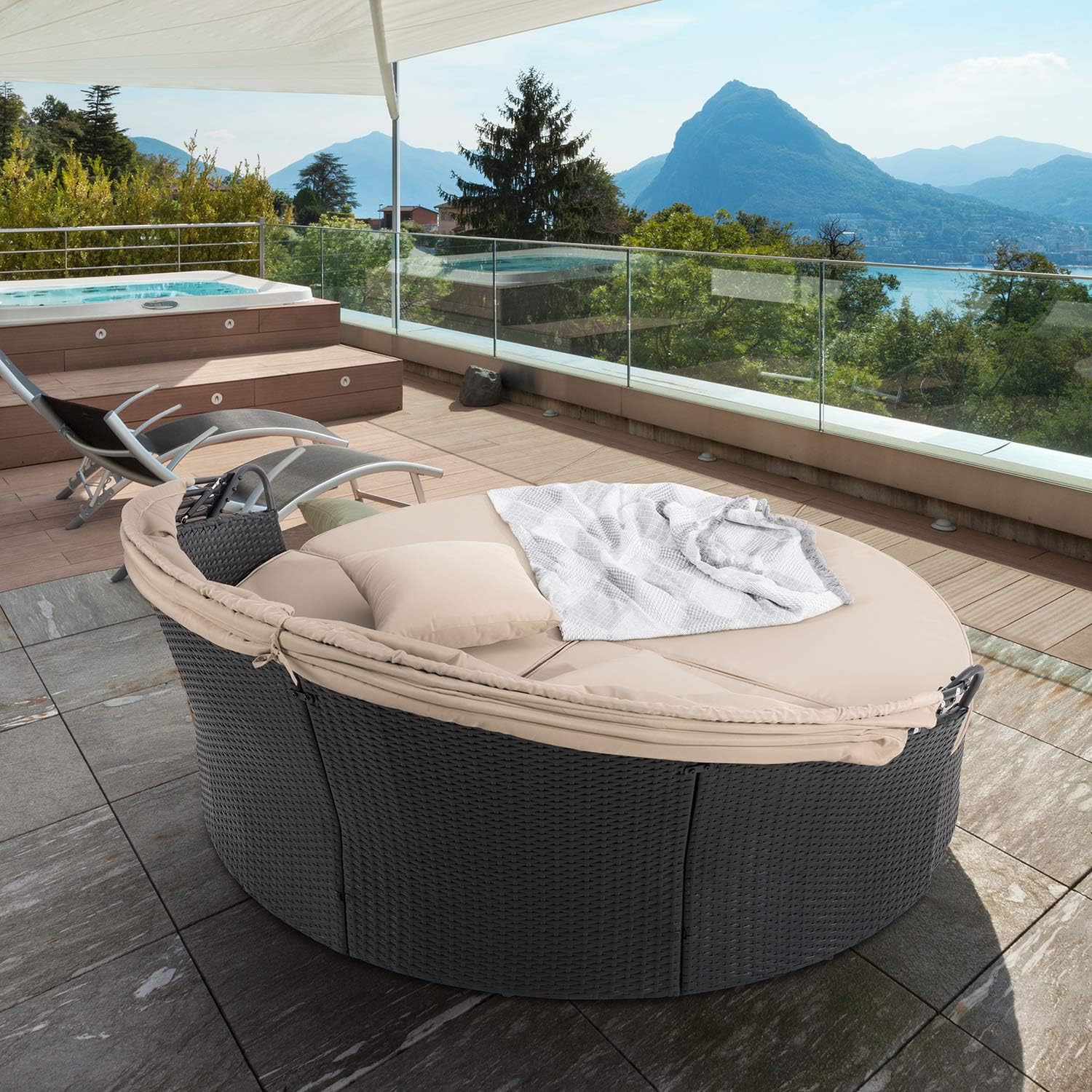 JY QAQA Patio Furniture Outdoor Lawn Backyard Poolside Garden Round Daybed with Retractable Canopy Wicker Rattan Sectional Round Sofa