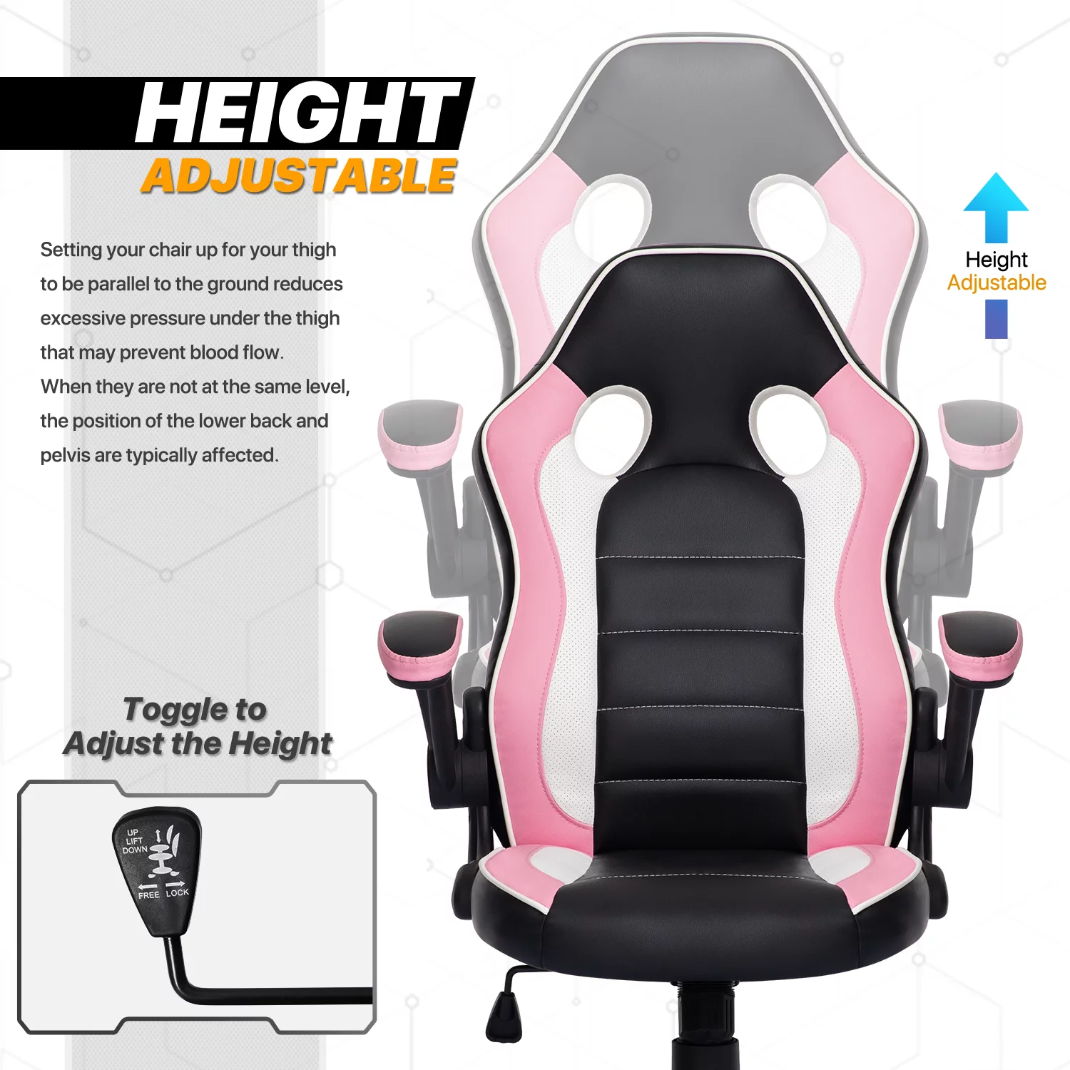 MoNiBloom PU Leather Computer Gaming Chair, with Flip-Up Arms Working Desk Office Seat, Black/Pink