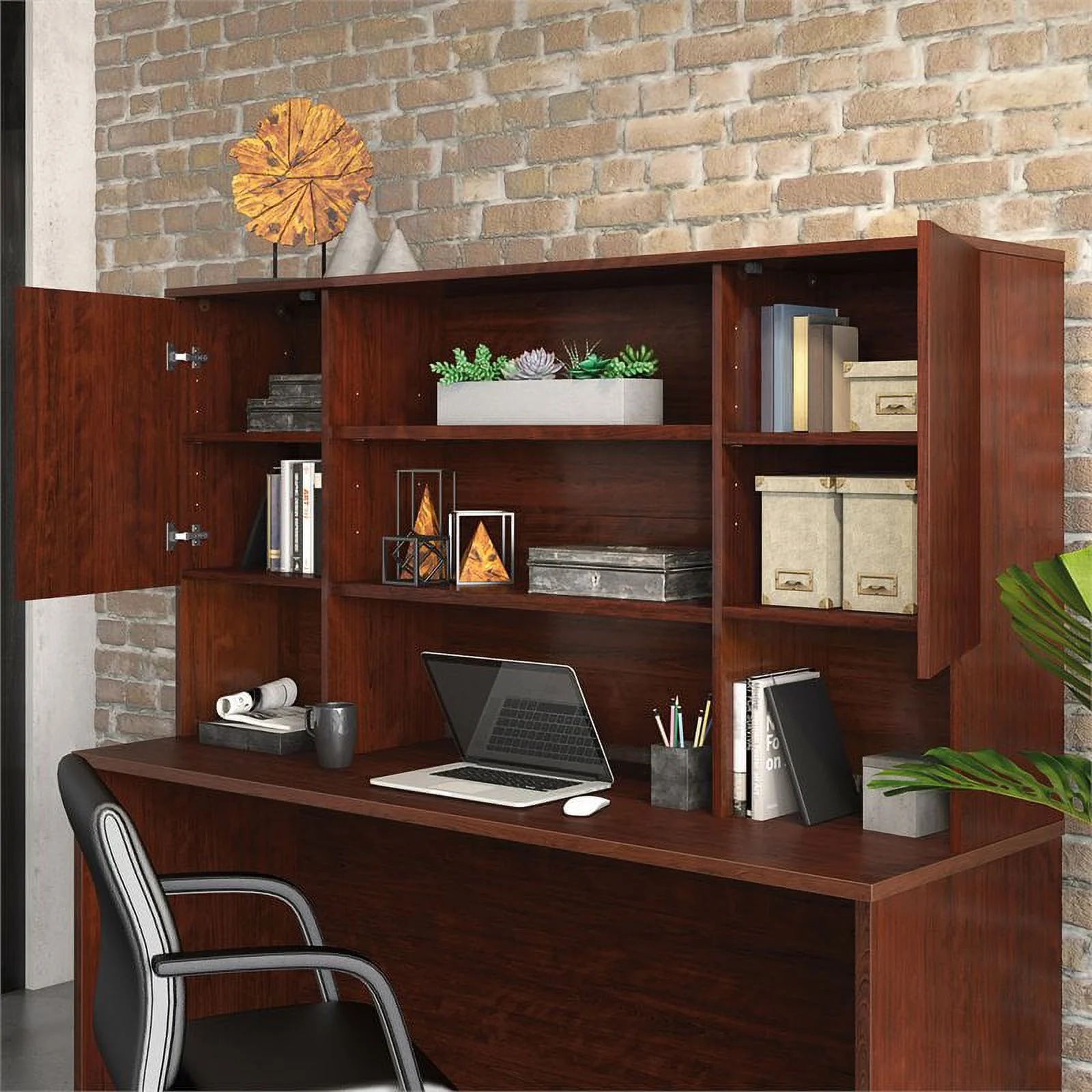 Pemberly Row 72" Engineered Wood Storage Hutch in Classic Cherry