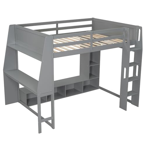 SOFTSEA Full Size Loft Bed with Desk and Storage, Solid Wood Loft Bed with Open Wardrobe and Multi-Storage Shelves