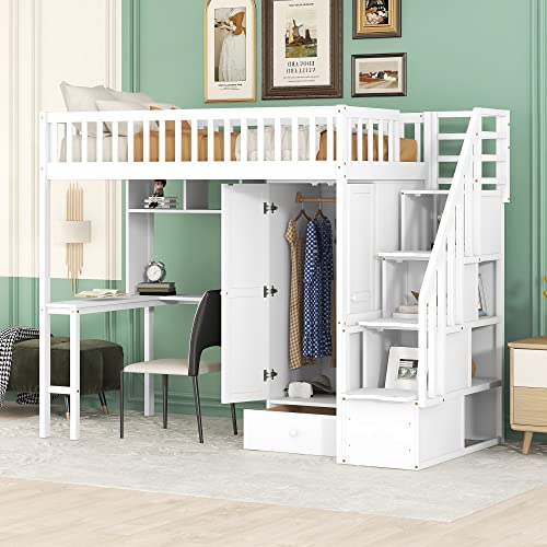 Twin Loft Bed with Staircase, Desk and Wardrobe, Wood Loft Bed with Storage Shelves and Safety Guardrail