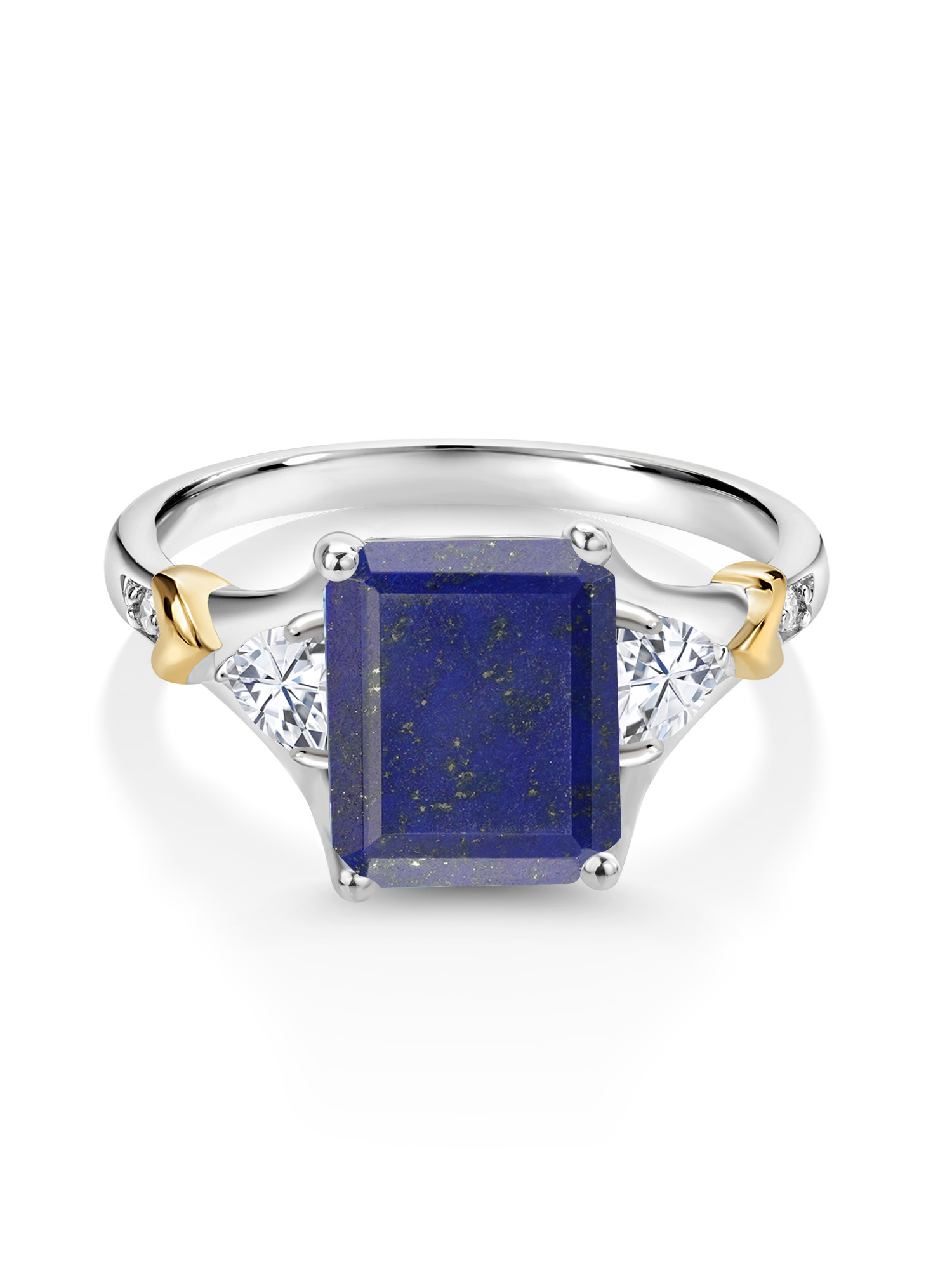 Gem Stone King 925 Silver and 10K Yellow Gold Blue Lapis and White Moissanite and Diamond Engagement Ring For Women (3.34 Cttw, Emerald Cut 10X8MM