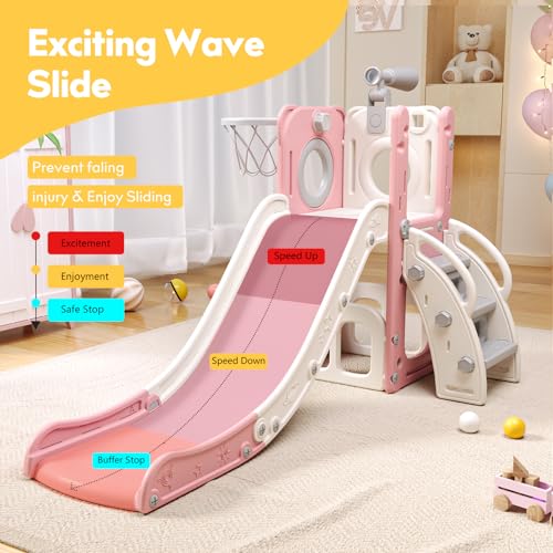 6 in 1 Toddler Playset with Slide, Kids Slide with Basketball Hoop, Ball, Ring Toss, Indoor Outdoor Toys (White Grey)