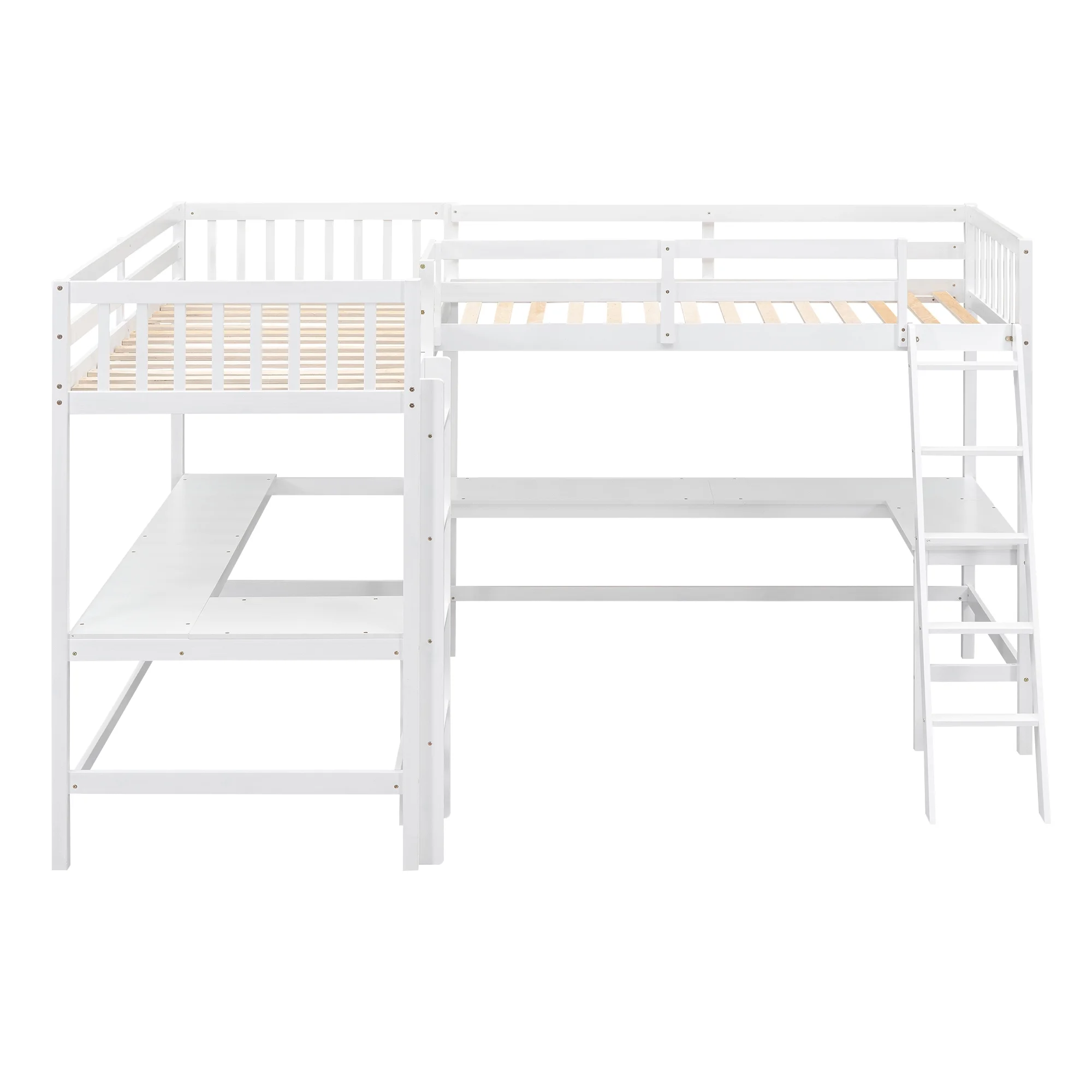 Euroco Twin Size L-Shaped Wood Loft Bed with Built-in Desks, 2-in-1 Loft Bed for Kids Teens Adults, White