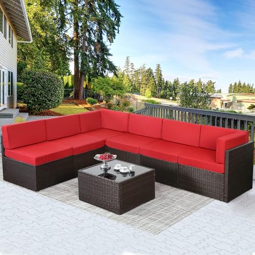 U-MAX 7 Piece Outdoor Patio Furniture Set, PE Rattan Outdoor Wicker Sectional Furniture Chair Set with Cushions and Tea Table