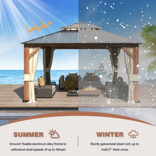 EROMMY 12'x20' Hardtop Gazebo Double Roof Galvanized Steel Canopy Outdoor Aluminum Frame Permanent Metal Pavilion with Netting and Curtains for Patio