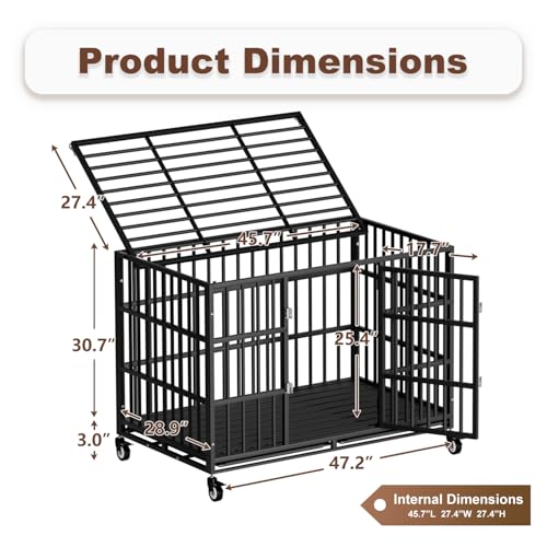 54 Inch Heavy Duty Dog Crate with Wheels，Indestructible Escape-Proof Dog Cage for Large Dogs