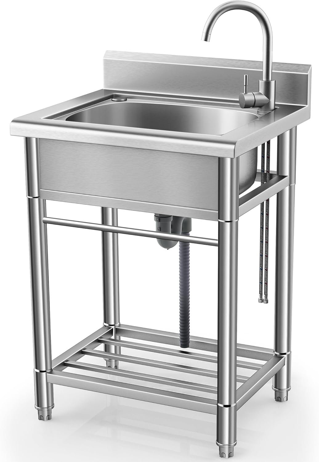Utility Sink Free Standing Single Bowl Kitchen Sink with Cold and Hot Water Pipe Stainless Steel Sink for Laundry Room Bathroom Farmhouse