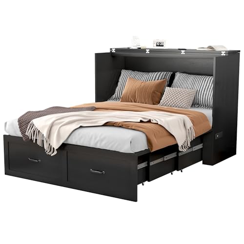 Full Size Murphy Chest Bed with Drawer and Charging Station, Farmhouse Wood Space-Saving Hidden Folding Bed Chest