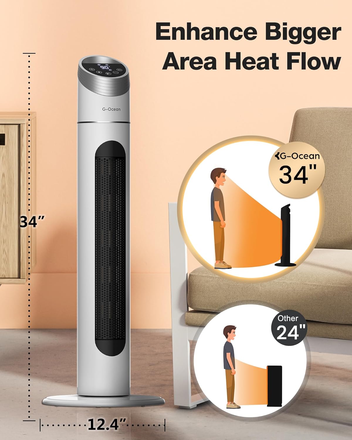 Space Heater for Large Room, 34" Tower Heater with Remote, 1500W Space Heater with 12H Timer, 70° Oscillating, Adjustable Thermostat
