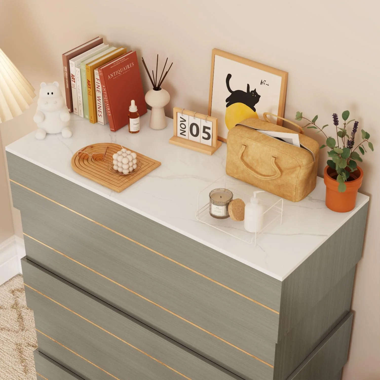 Chest of Drawers 5 Drawer Dresser with Gold Accents, Modern Dresser 5-Drawer Chest, Dresser for Bedroom Grey (35.4" W x 15.7“D x 37.5" H)