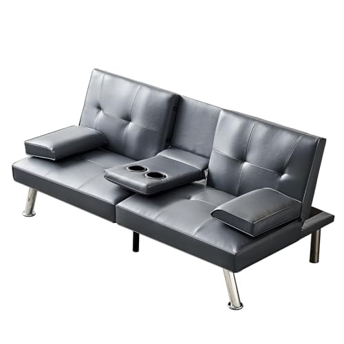 Faux Leather Convertible Folding Futon Sofa Bed with 2 Cup Holders, Sleeper Couch Bed with Removable Armrests, Metal Legs
