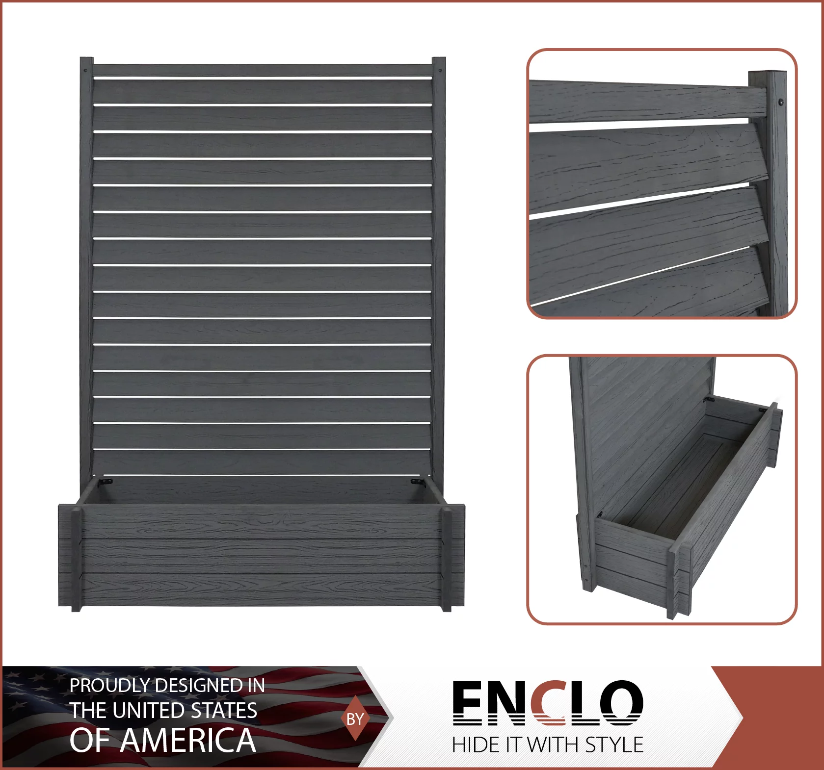Enclo Privacy Screens EC18023 5ft H x 3.5ft W x 1.3 ft L Sedona WoodTek Vinyl Charcoal Color Louvered Freestanding Screen w/ Planter Box