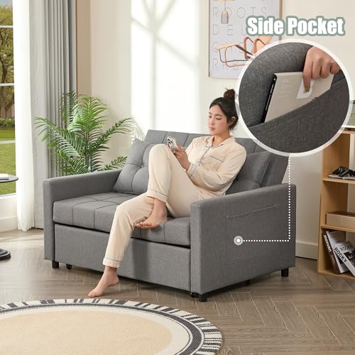 52" Sleeper Sofa with Pull-Out Bed, 3-in-1 Convertible Sofa Bed, Loveseat with Stepless Adjustable Backrest and Side Pocket