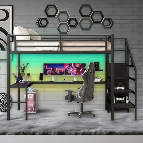 Queen Size Metal Loft Bed with L Shaped Desk and Wardrobe, Heavy Duty Loft Bed Frame with Storage Stairs, High Loft Bed Frame with LED