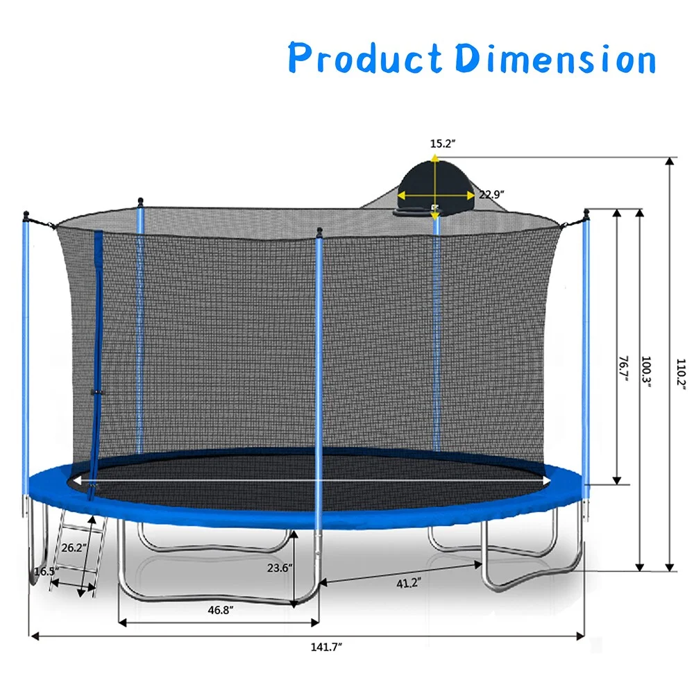 Highsound 12 FT Trampoline for Adults/Kids with Safety Enclosure Net, Basketball Hoop and Ladder