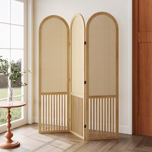Room Divider and Folding Privacy Screens, Pine Wood 5.6 Ft Double Hinged Rattan Partition Freestanding Wall Room Divider for Home - 3 Panels