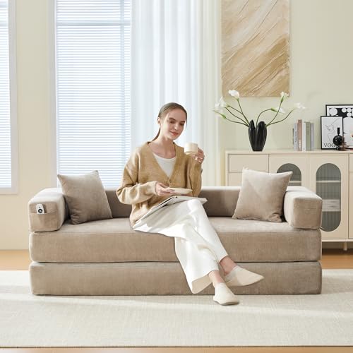 Convertible Sleeper Sofa Bed with Cylindrical Pillow, Corduroy Folding Mattress Couch with Fixed-Shape Frame