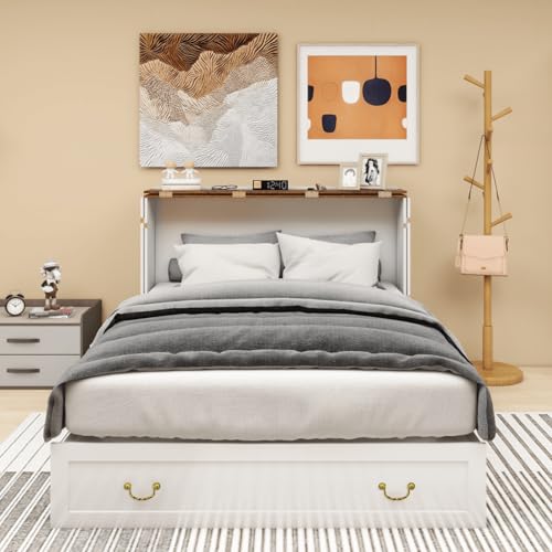 Murphy Bed Queen, Murphy Bed Cabinet with Charging Station, Large Storage Drawer and Shelves for Home Office or Guest Room, Warm White