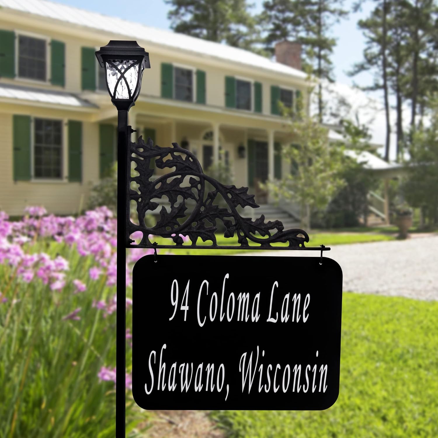 Address America USA Handcrafted Oak XL Reflective Address Sign with Solar Light - Double-Sided 2-Line Plate - Easy to Read Day and Night - 58 Pole