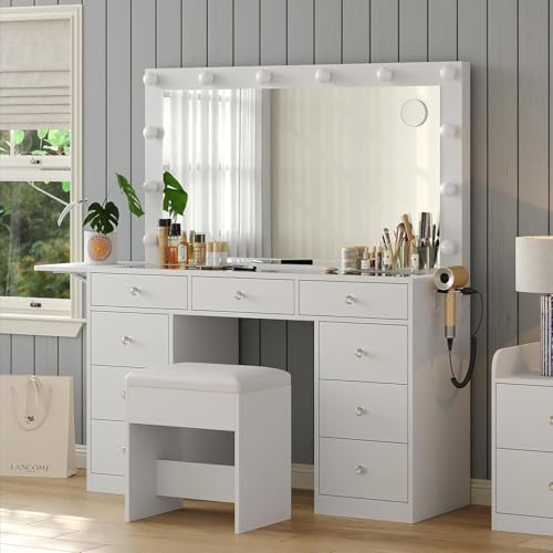 Vanity Desk with Power Outlet, 9 Drawers Makeup Vanity with Mirror and 12 LED Lights, 3 Lighting Modes, Glass Top Vanity Set, Fold-up Panel