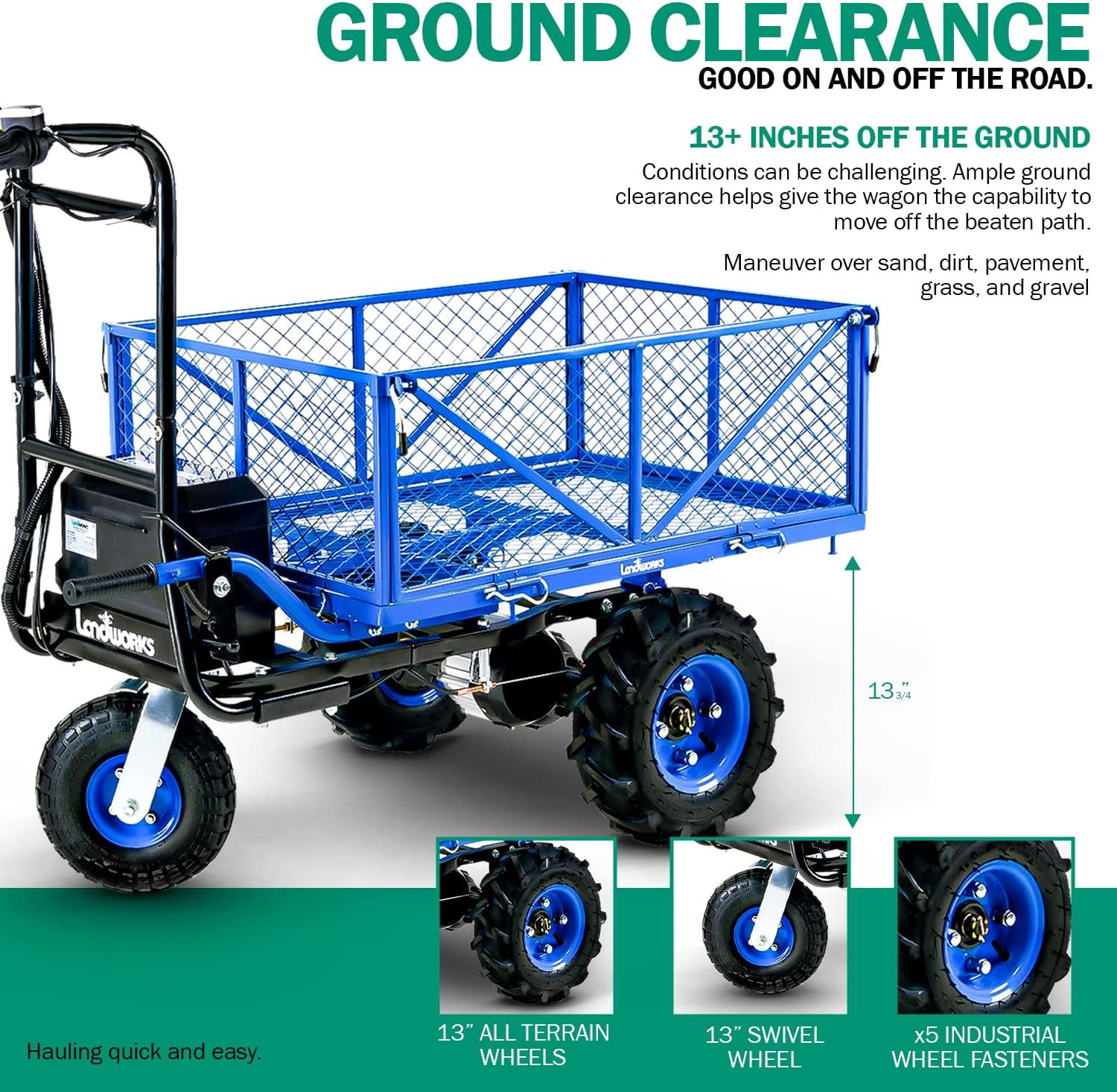 Landworks Utility Service Cart Wheelbarrow Power Wagon Super Duty Electric 48V DC Li-Ion Battery Powered 500LBS Load & 1000LBS+ Hauling Capacity Farm