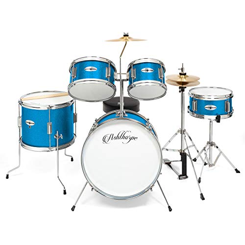 Ashthorpe 5-Piece Complete Junior Drum Set with Genuine Brass Cymbals - Advanced Beginner Kit with 16" Bass, Adjustable Throne, Cymbals, Hi-Hats