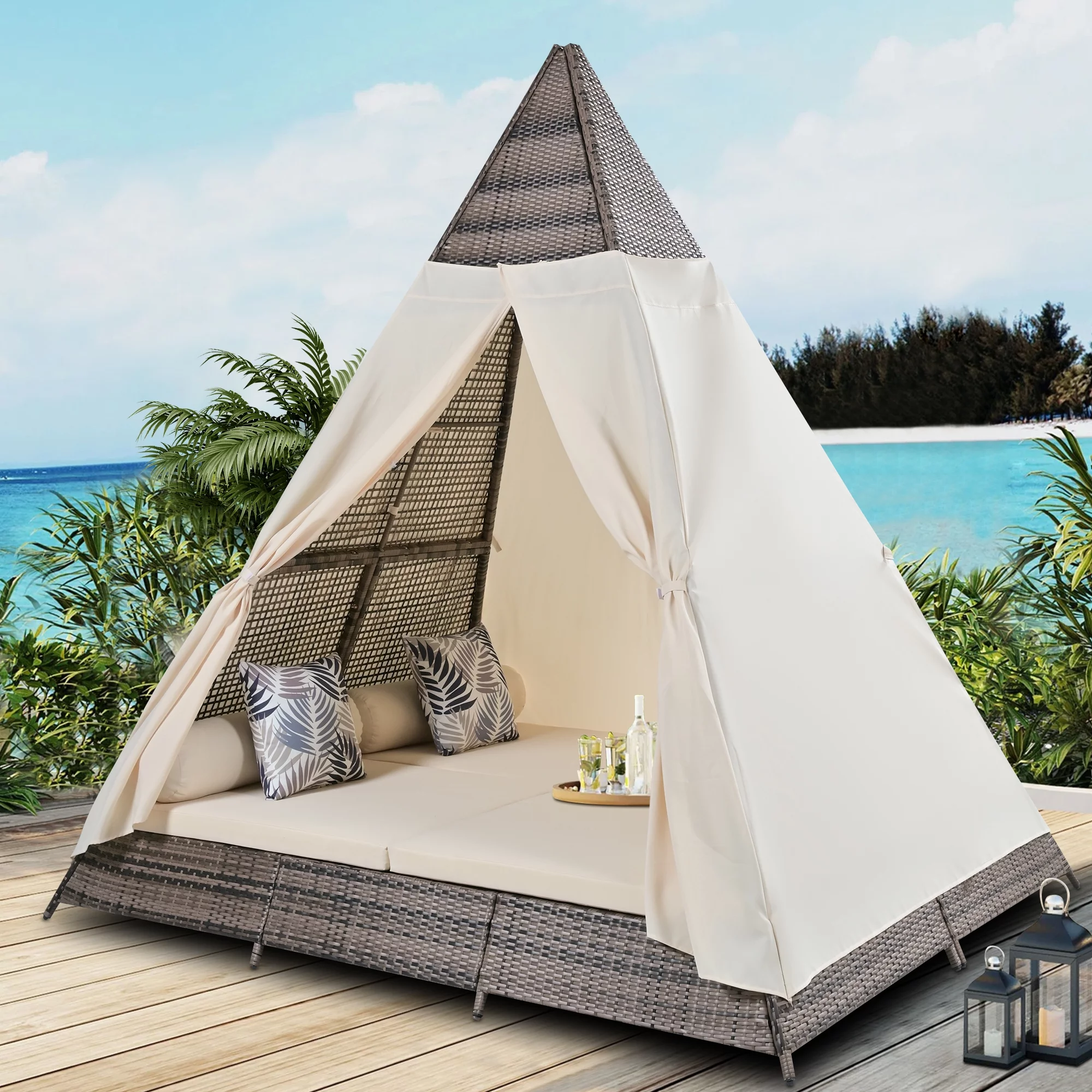 Syngar Outdoor Patio Sunbed with Removable Curtain, All Weather PE Wicker Tent-Shaped Daybed with Beige Cushions and Colorful Pillows