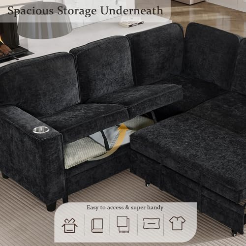 L-Shaped Pull Out Sleep Sofabed,Modern Reversible Sleeper Sectional Sofa Chenille Upholstered Button Tufted Decor with Storage Chaise